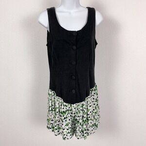Vintage 80s Judy's Black Floral Drop Waist Romper Shorts Jumper Small Medium